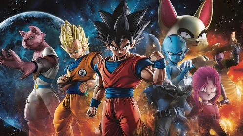 Dynamic anime fighters in cosmic battle-ready formation.