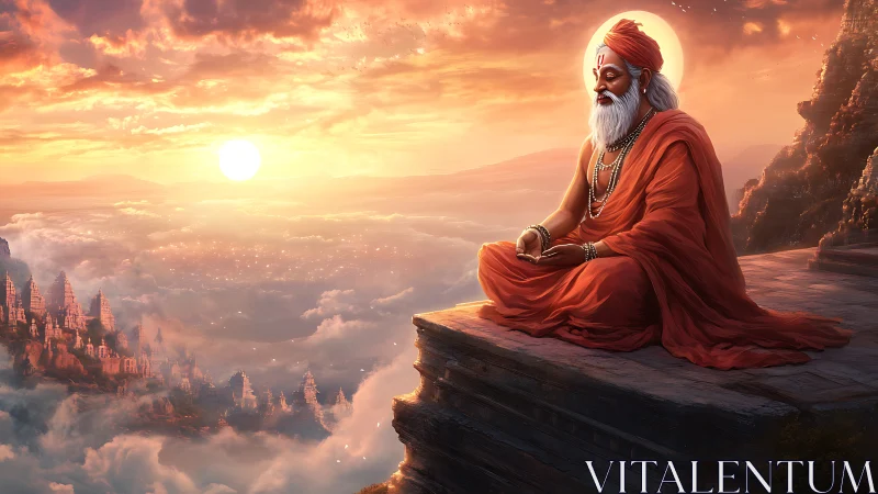 Meditating sage overlooks sunlit celestial mountain city.
