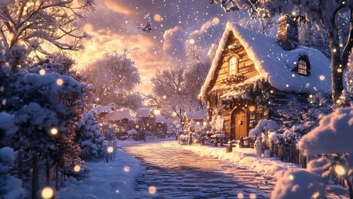 Snow-laden cottage street at dusk with warm bokeh snowfall