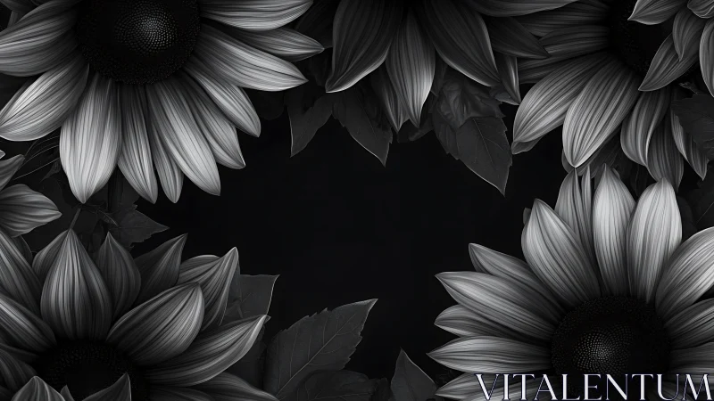 Monochrome Sunflowers Frame Black Void Botanical Design.