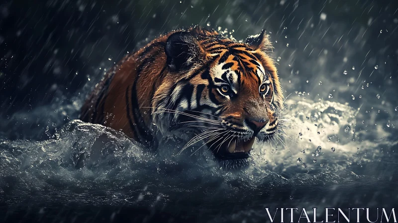 Tiger moving through turbulent water under rainfall at night.