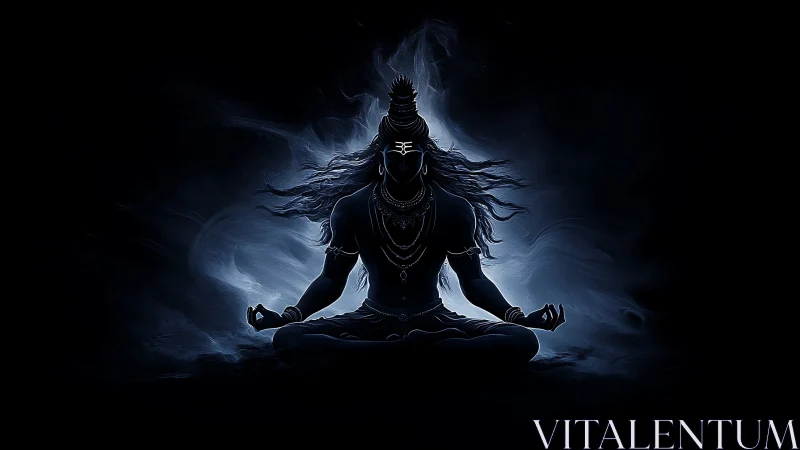 Silhouetted meditating figure is centered in diffuse blue light