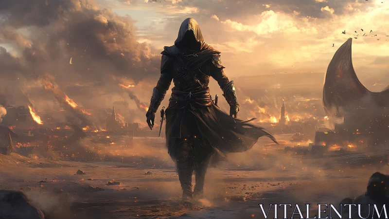 Hooded warcaster traverses incendiary wasteland horizon.