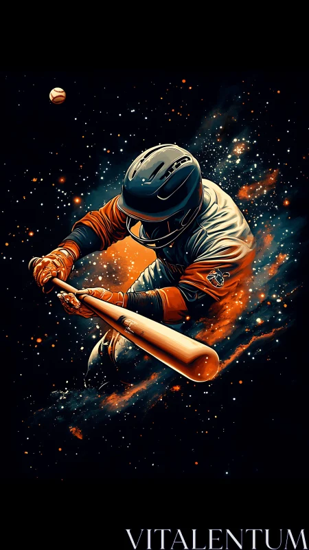 Cosmic baseball hitter swinging through stardust and fire.
