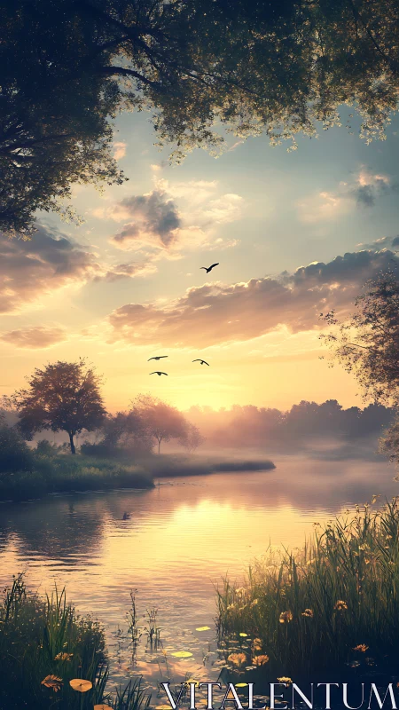 Sunlit river landscape with trees, birds, and mist at dawn.