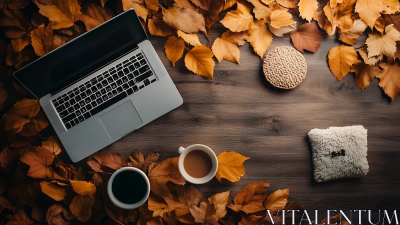 Laptop, twin coffees and autumn leaves plotting cozy focus.