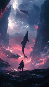 Human figure observing floating whales in vertical canyon.