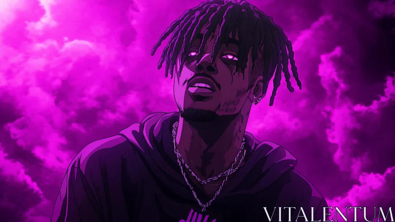 Neon violet portrait of hooded figure under storm clouds.