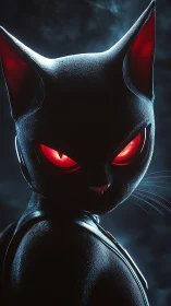 Black armored cat with glowing red eyes in profile.
