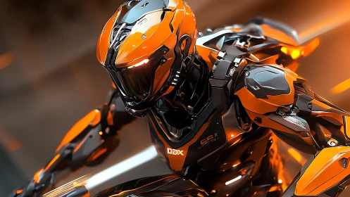 Orange armored racing android in motion blur environment.