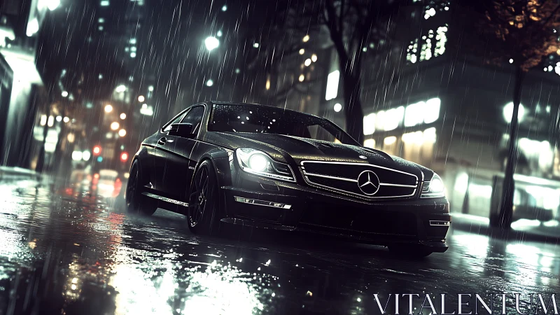 Sleek black car gliding through a rain soaked city night.