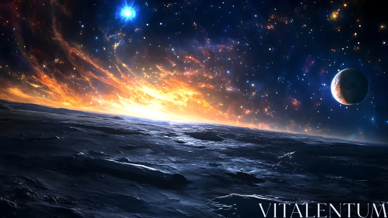 Alien ice landscape under nebula sky and distant planet.