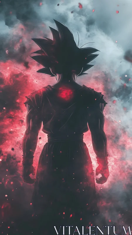 Fiery warrior silhouette rises within swirling red energy