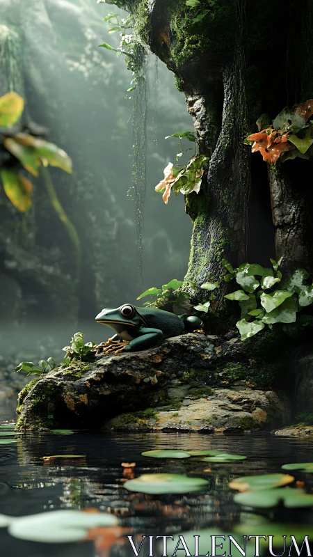 Ray-traced frog habitat on mossy rock ledge above reflective pond
