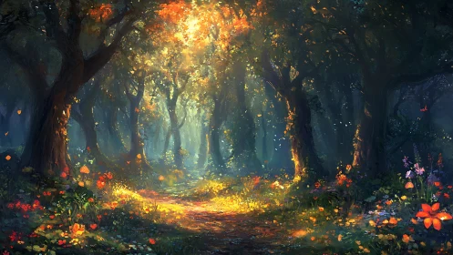 Forest pathway with autumn foliage and luminescent atmospheric conditions.