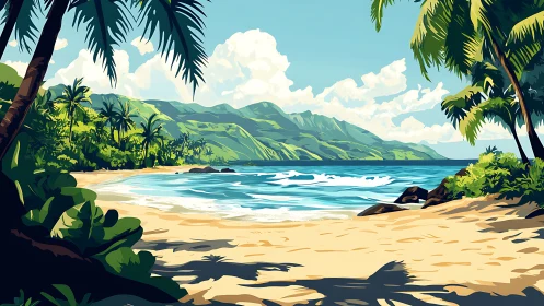 Tropical Beach Cove with Palm Fronds and Ocean Waves