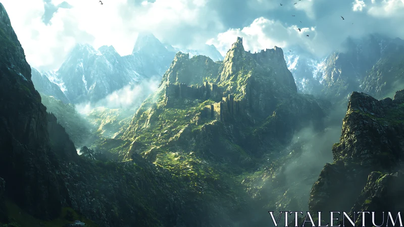 Sunlit fortress ridge within mist-drenched alpine range.