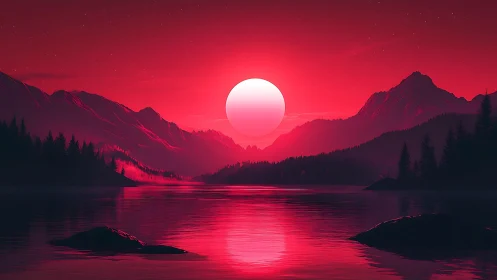 Crimson sun descends over reflective mountain lake valley