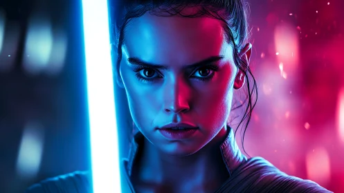 Intense sci‑fi heroine in neon rim lighting confronts viewer