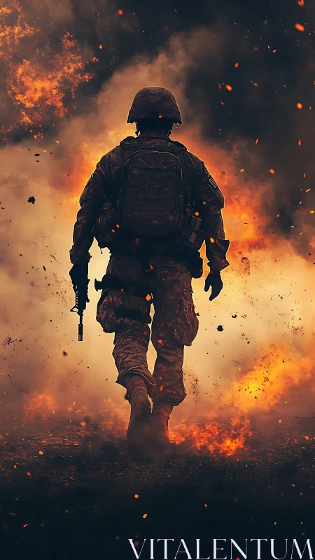 Backlit combat trooper advancing through incendiary blast field.