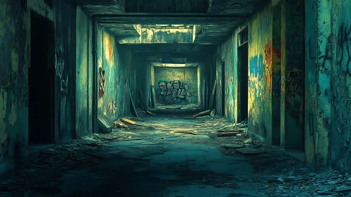 Decayed graffiti corridor in abandoned urban building.