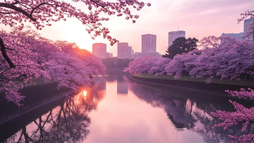 Blush pink cherry blossoms framing a quiet city sunset.
