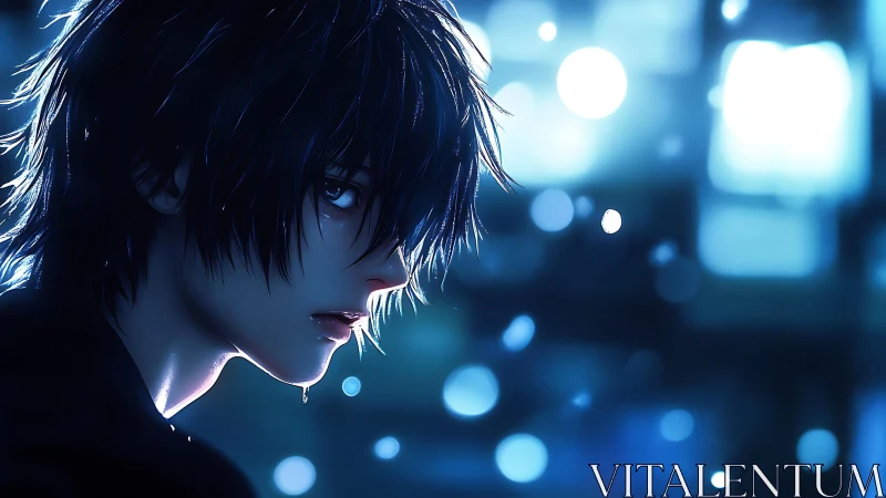 Brooding anime boy under neon rain in moody blue light.