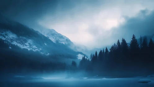 Moody alpine valley in blue hour fog and diffused snowfall light.
