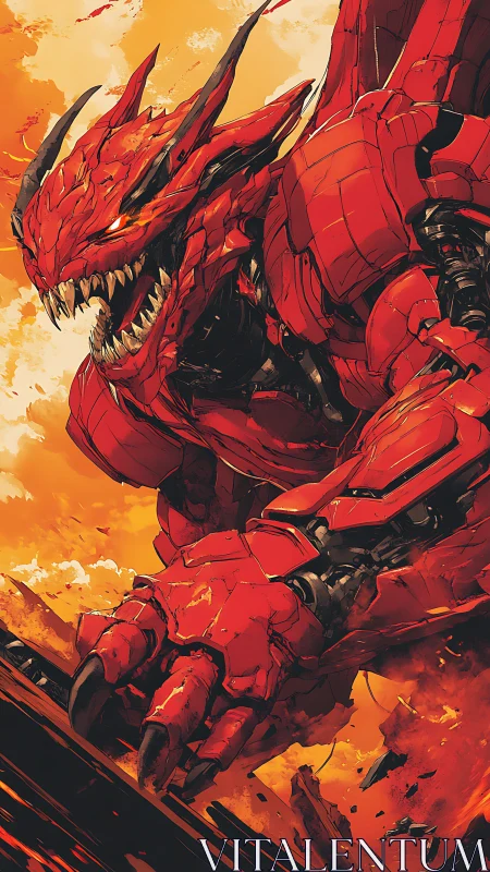 Scarlet war-dragon mecha surges through molten skystorm.