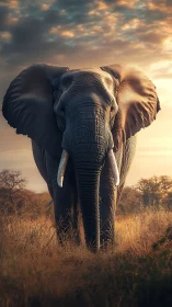 Elephant stands in dry grassland under diffused sunset light