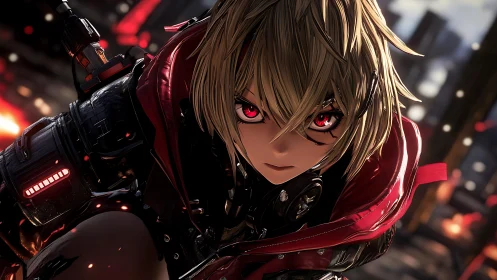 Cybernetic warrior girl stares ahead with blazing red eyes.