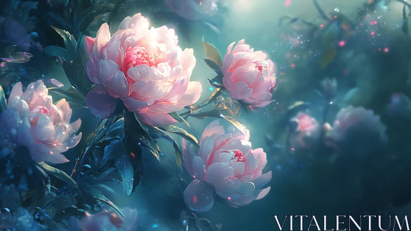 Pink Peonies Bloom Against Ethereal Teal Background.