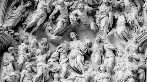 Ornate stone relief captures dramatic sacred gathering in marble