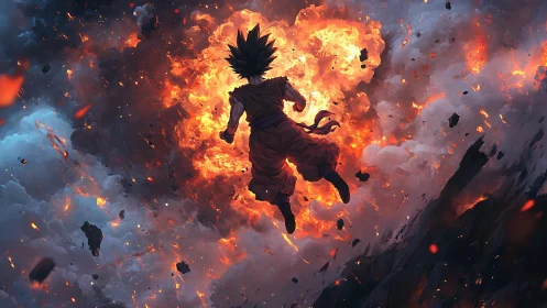 Explosive anime warrior silhouette against fiery sky storm.