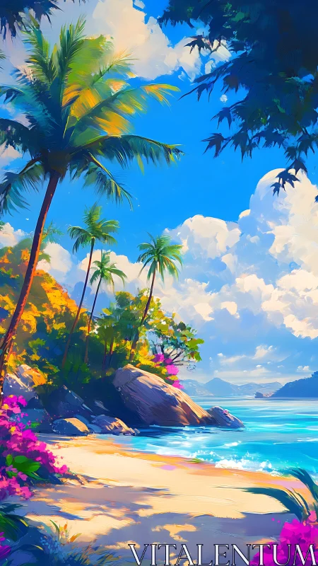 Tropical Paradise Landscape: Digital Painting Coastal Scene.