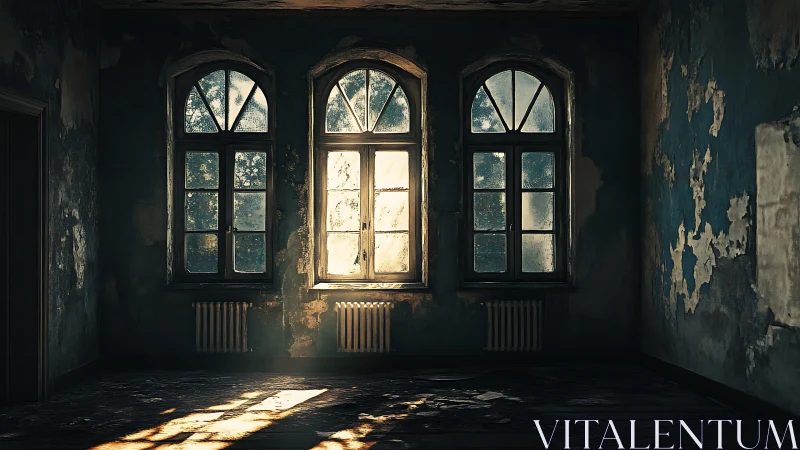 Tri-arched windows in decayed interior under raking light.