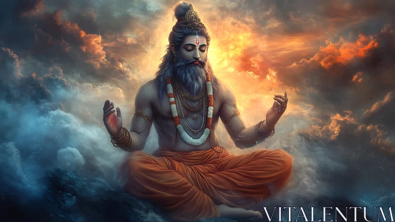 Serene Hindu sage meditates in glowing celestial clouds