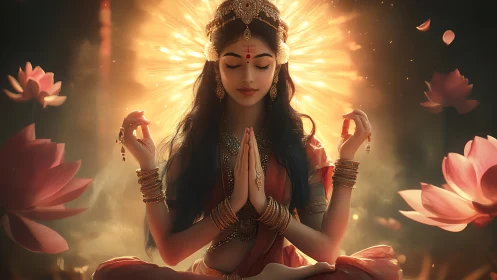 Digital rendering shows seated woman in lotus pose amid glow