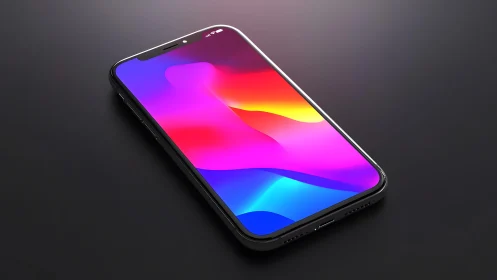 Modern smartphone with vibrant abstract wallpaper on dark surface.