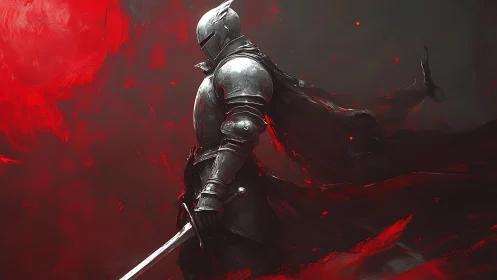 Armored knight holds sword amid swirling red storm