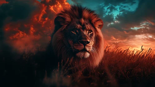 Majestic lion rests beneath blazing, storm-lit sunset sky.