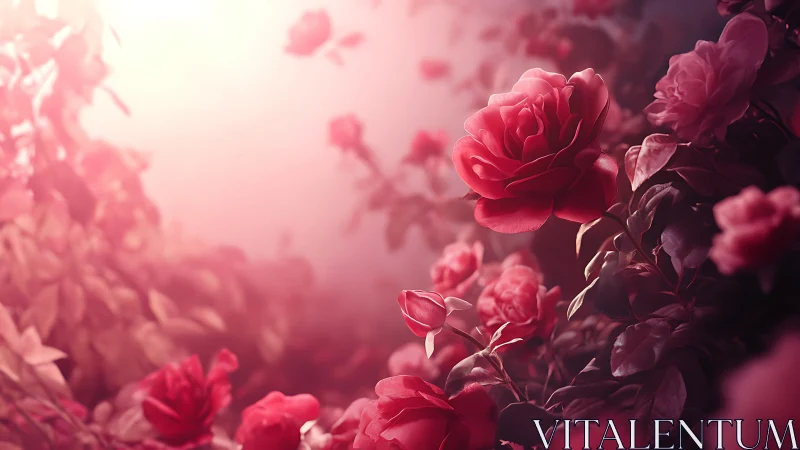 Red roses in soft focus garden scene with atmospheric lighting