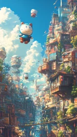 Floating cat bots drift through neon stacked sky city.