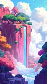 Vertical canyon waterfall cuts through neon pastel cliffs.