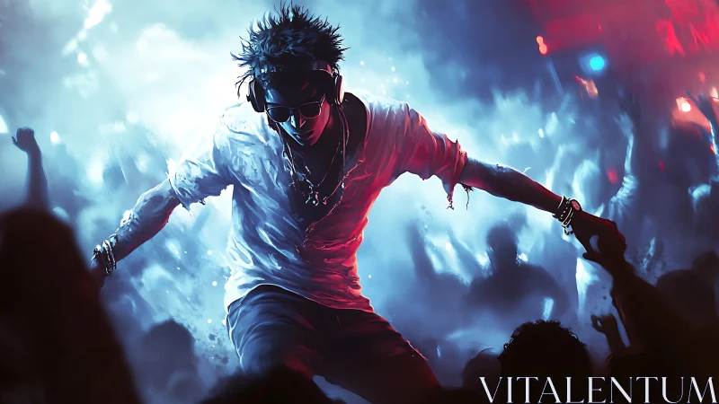 Headphoned midnight hero surfing a neon stormed crowd.