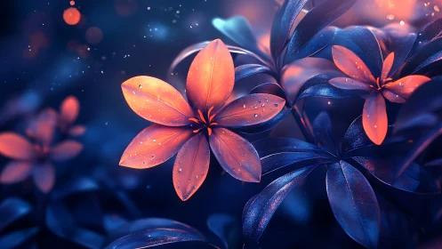 Digital render depicting stylized flowers with luminescent petals against dark background