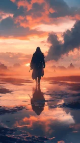 Lone wanderer crossing sunset-soaked mirrored puddles.