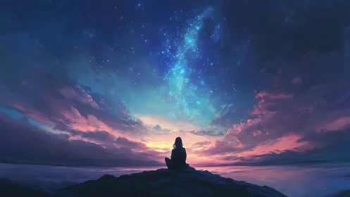 Silhouette watches glowing Milky Way over twilight ocean sky