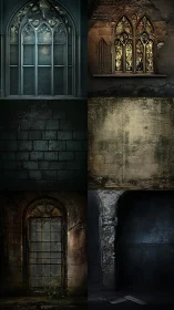 Gothic stone windows and decayed architectural wall textures