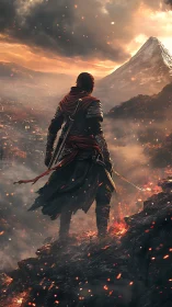 Cinematic fantasy warrior overlooking volcanic valley vista.